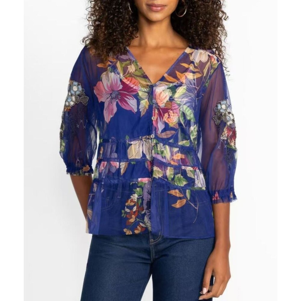$328 NWOT Johnny Was Mazzy Floral Ruched Sheer Embroidered Beads Blouse Top XS
